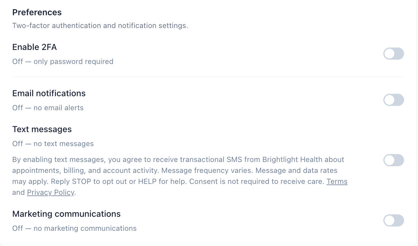 Brightlight patient portal Security and Preferences panel. The Text messages control is off by default and shows the SMS consent disclosure with Terms and Privacy Policy links.